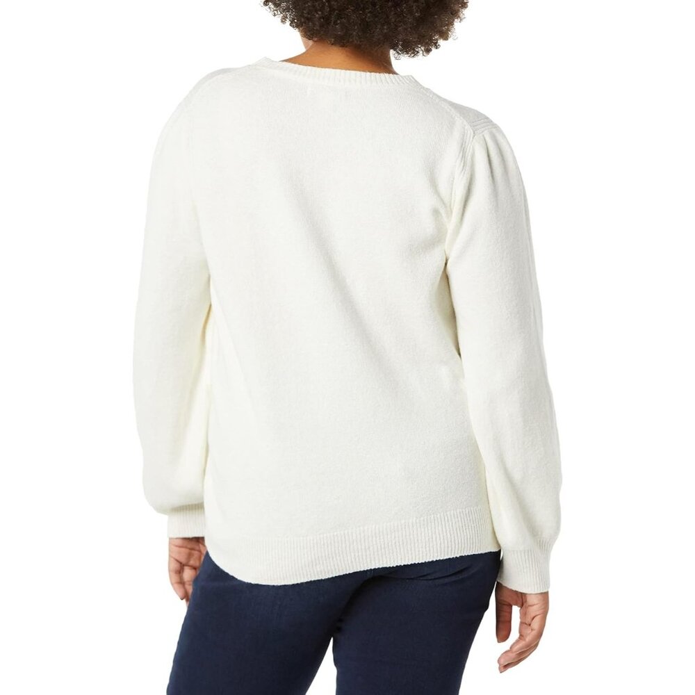 Elegant Women's Soft-Touch Crewneck Sweater with Pleated Shoulders - Ivory, XS - Picture 3 of 5